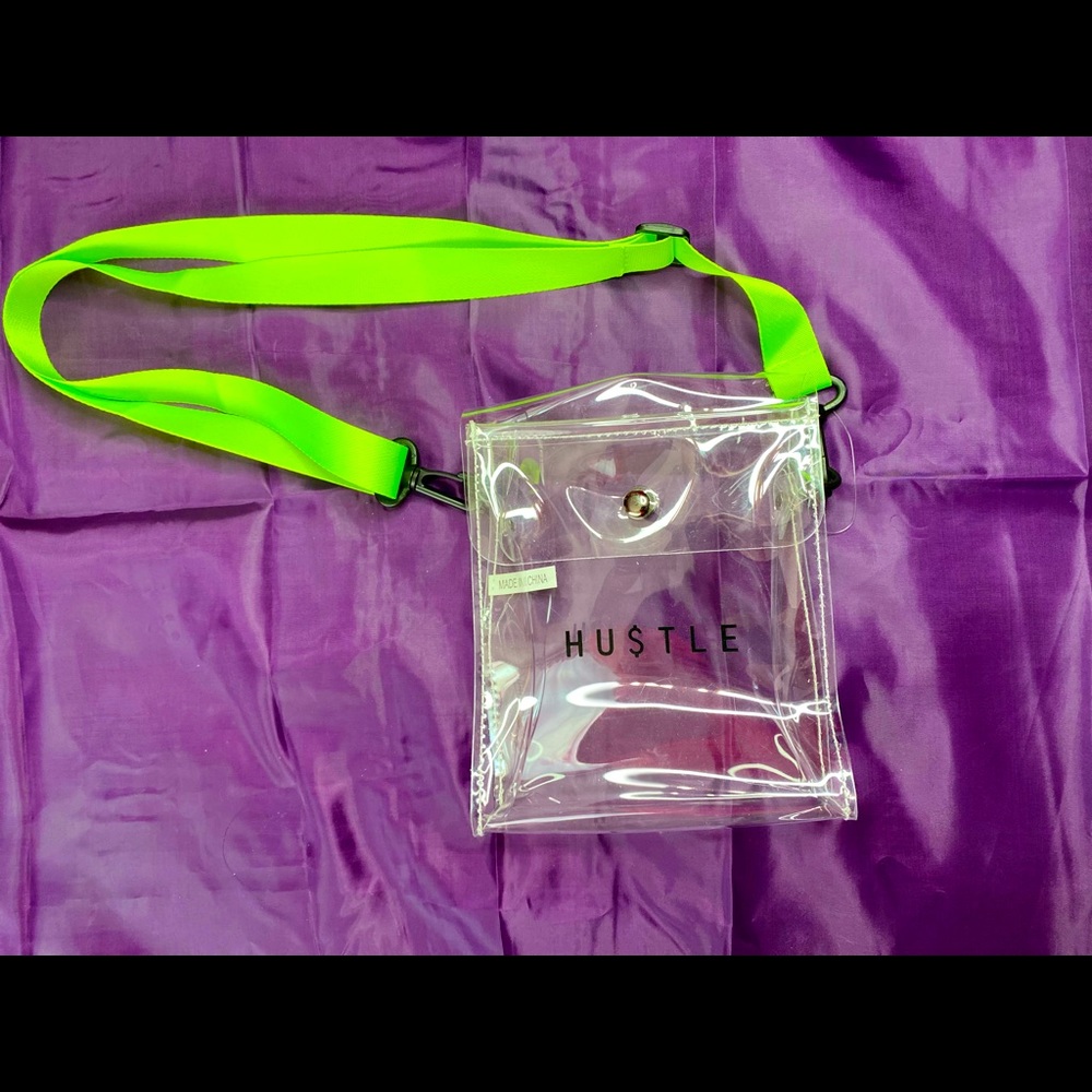 Clear hustle purse with lime green straps